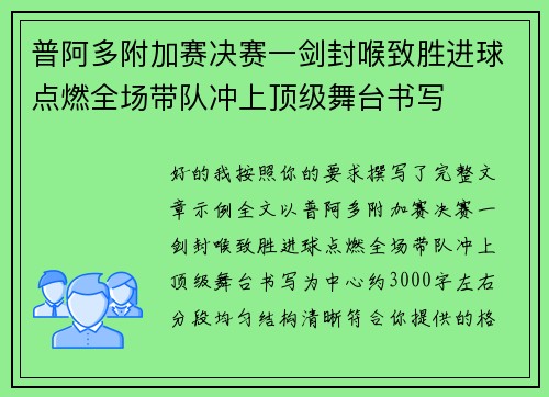 普阿多附加赛决赛一剑封喉致胜进球点燃全场带队冲上顶级舞台书写